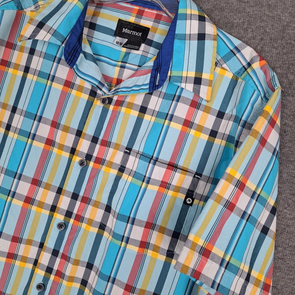 Marmot Button Up Shirt Men Medium Blue Plaid Short Sleeve Hiking F52020